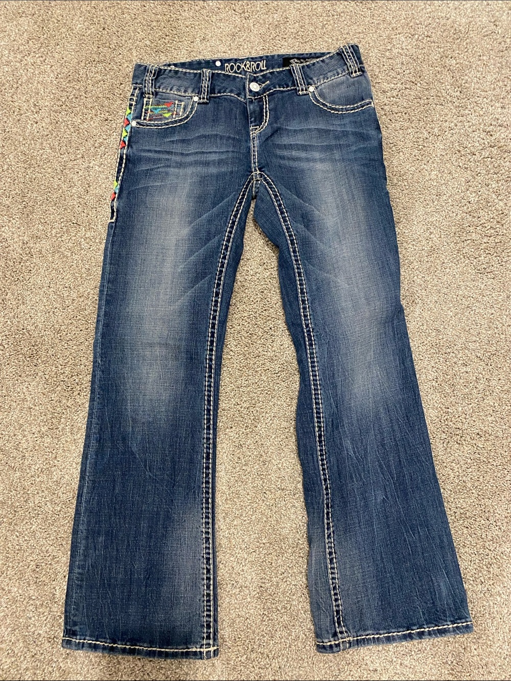 Embroidered Rock & Roll Cowgirl Dark Blue Flare Jeans Original Low Rise 28x30